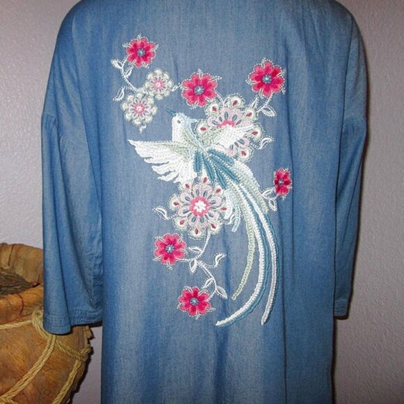 Vtg Embroidered Duster Cardigan Size M Pockets Kimono Bird Artsy Festival Y2K - Picture 2 of 11